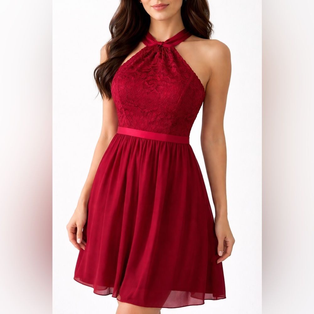 David's Bridal Size 14 Burgundy Lace Halter Bridesmaid Cocktail Dress